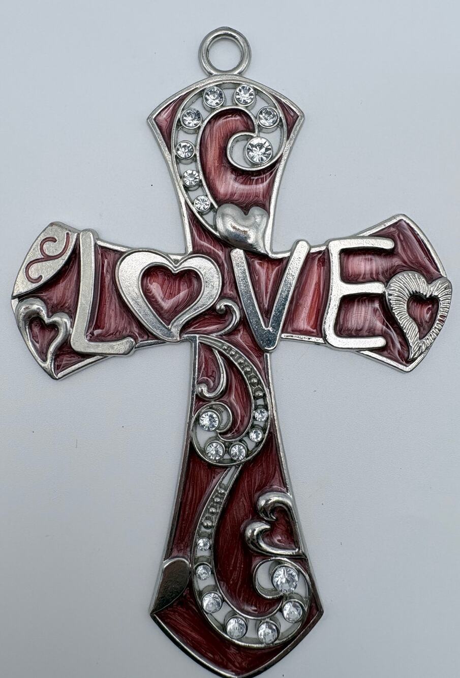Beautiful Red and Silver “Love” Cross with Rhinestone Details